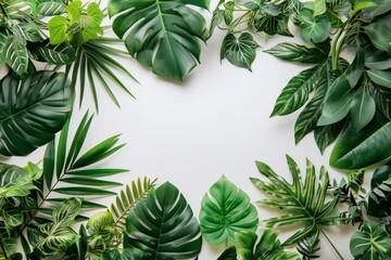 Fototapeta premium A fresh and vibrant flat lay of various tropical leaves creating a frame with a white space in the center