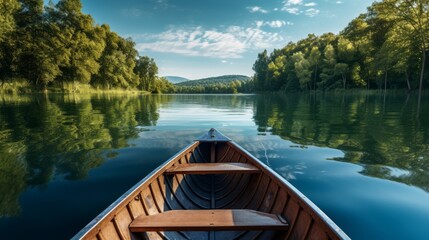 Obraz premium A wooden rowboat floats on a tranquil lake surrounded by lush greenery, with a clear blue sky overhead.