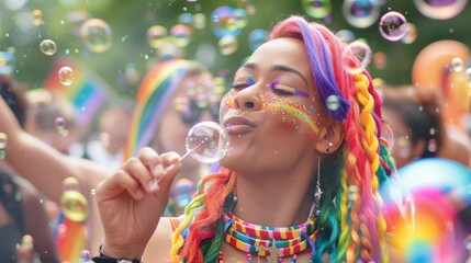 A person with rainbow-colored hair blowing bubbles at a pride festival, surrounded by happy participants