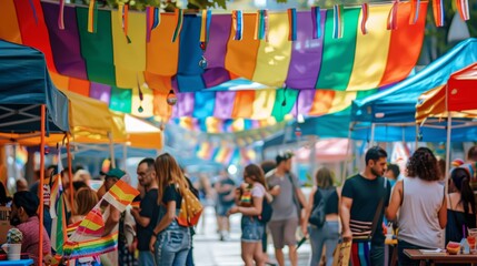 A colorful pride-themed street fair, with food stalls, games, and live performances