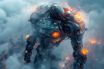 Futuristic Cyborg Mist Warrior in Dystopian Industrial Landscape with Advanced Mechanical Frame and Glowing Energy Conduits