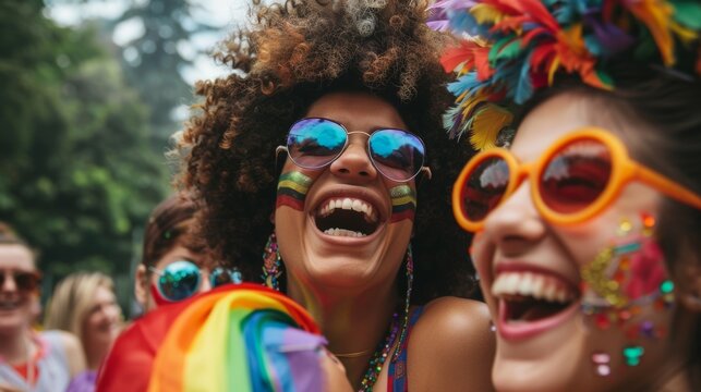 A group of friends with rainbow accessories, laughing and enjoying a pride parade