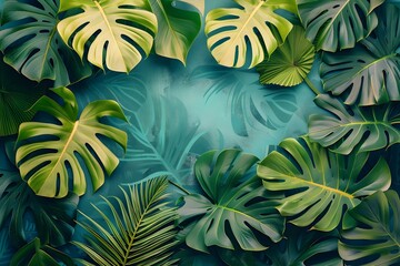 Harmonious Tropical Leaf Pattern with Monstera,Palm,and Banana Leaves in Vivid Green and Ivory on Soft Blue Background