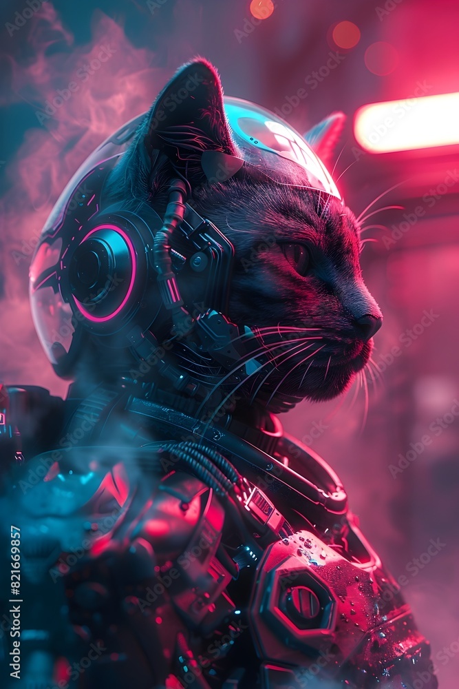 Sticker hyper-detailed cyborg cat warrior in moody,high-contrast smoke-filled environment