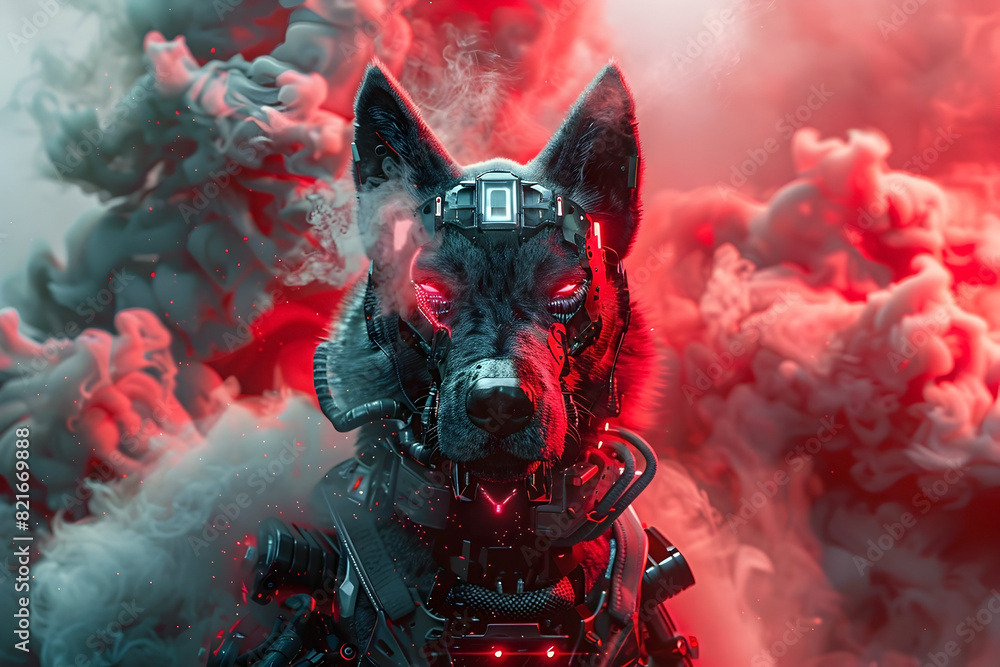 Poster hyper-detailed cyborg dog warrior with glowing neon fur and piercing red optical sensors in cinemati