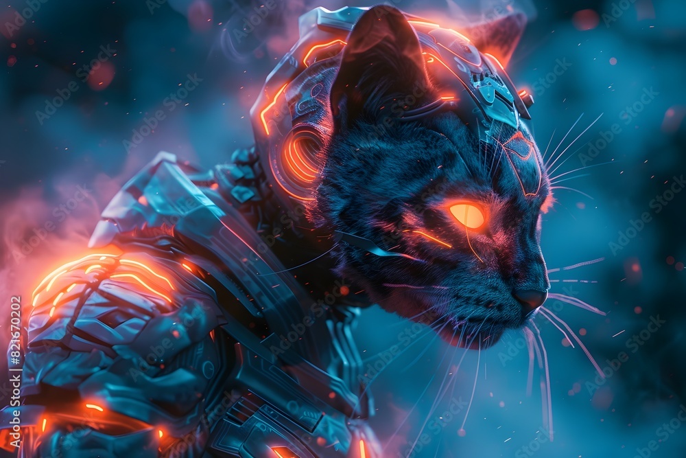 Poster hyper-detailed biomechanical feline warrior poised for action in moody futuristic realm