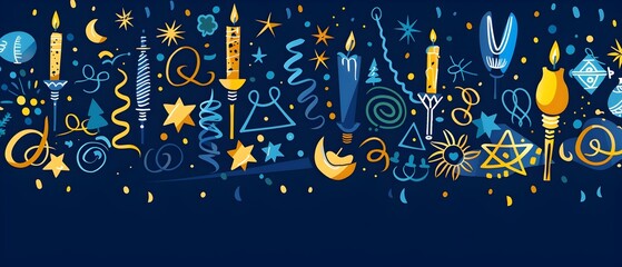 Sleek and Stylized Hanukkah Background with Modernist Candlesticks Dreidels and Celestial Symbols on a Deep Cobalt Ochre and Alabaster Color Palette