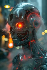 Fototapeta premium Hyper-detailed Cyborg Mist Warrior Navigating Dystopian Cityscape with Glowing Energy Conduits and Swirling Color-Shifting Smoke