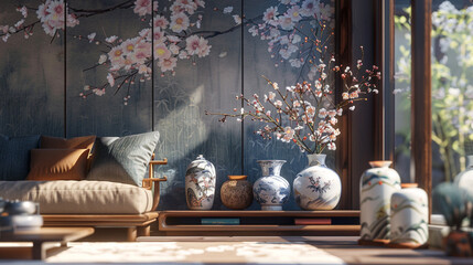 A modern Asian-themed living room with a statement wall adorned with cherry blossom wallpaper, a low-profile sofa, and a collection of porcelain vases, bringing a touch of nature indoors.