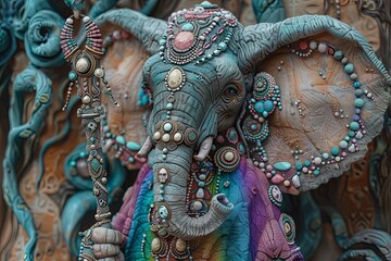 Fototapeta premium Elegant Elephant-Inspired Goddess Wizard: Rainbow Robe Hyperrealism in 8K