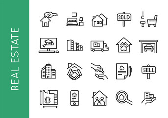Real estate icons. Set of 20 trendy minimal icons related to property and housing. Features house, handshake, sold sign, contract, moving truck, and pet-friendly icon. Vector illustration 