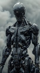 Naklejka premium Imposing Biomechanical Cyborg Alien Commando in High-Tech Tactical Gear within Dramatic Atmospheric Setting