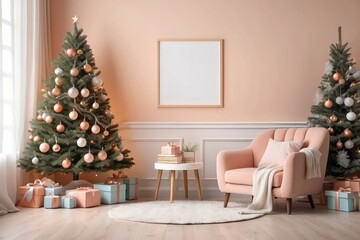 christmas living room interior with shelf, boucle armchair, pouf, blank poster frame, christmas tree