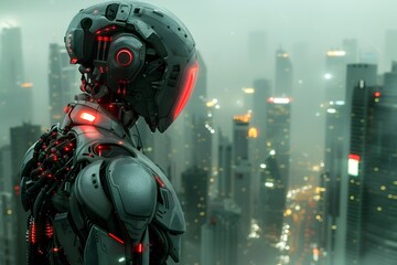 Fototapeta premium Imposing Cyborg Mist Warrior Stands Amidst Dystopian Cityscape, Futuristic Weapons and Sensors Obscured by Luminescent Haze