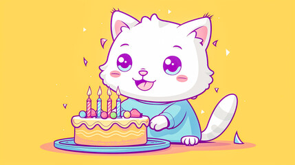 A fluffy white cat is seated in front of a colorful birthday cake, looking curiously at the flickering candles atop it. Generative AI
