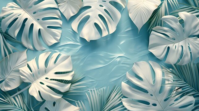 Luxurious Tropical Leaf Arrangement with Monstera, Palm and Banana Fronds in Soft Blue Canvas Design