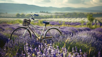 A field of lavender a rural scene with a vintage bike in the field without people