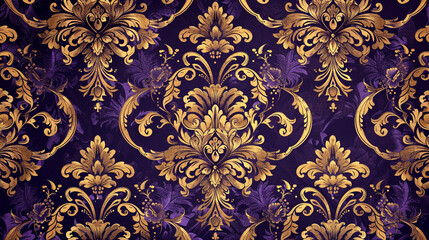 A seamless pattern of Victorian damask, with ornate floral patterns and intricate borders in shades of royal purple and gold, evoking a sense of luxury and opulence.