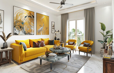 Modern Indian style living room with a yellow sofa, coffee table and chairs. Created with Ai