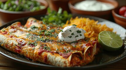 A plate of enchiladas with red sauce, cheese, and sour cream.