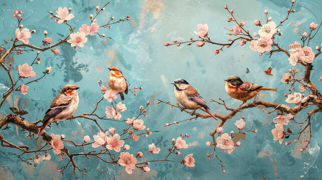 A seamless Victorian wallpaper pattern with elegant chinoiserie motifs, depicting birds, blossoms, and pagodas in shades of soft pink and teal.