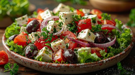 A plate of Greek salad with olives and feta.