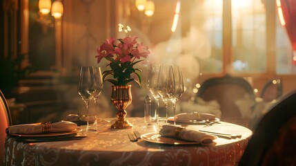 A luxurious dinner table in a pleasant atmosphere. The beautiful scenery makes for a wonderful night. Images like this are often used to post on social media, write blogs or set as wallpaper.