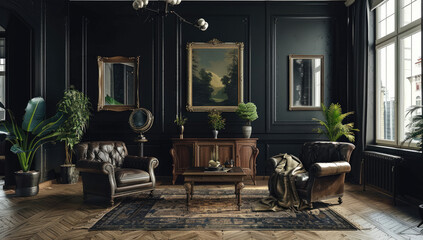 A living room with dark walls, vintage furniture and lots of plants. The floor is made up of wooden planks. Created with Ai 