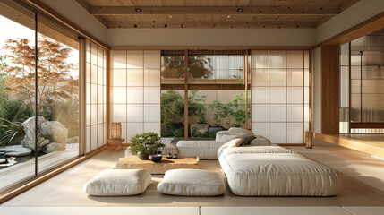 A serene living room with Asian decor elements, such as a Zen garden corner, a bamboo room divider, 