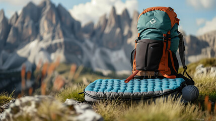 A macro photograph highlighting a sightseer's backpack and sleeping pad positioned against the dramatic backdrop of towering mountains