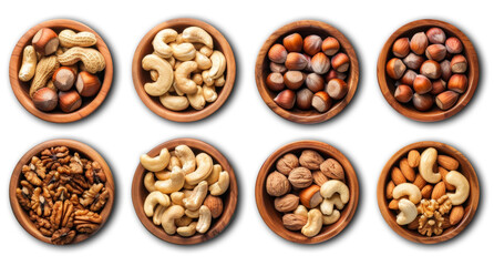 wooden bowls with different types of nuts isolated on the transparent background