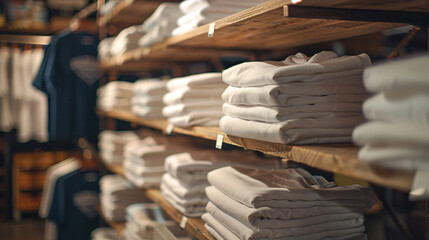 A stack of neatly folded white T-shirts on a retail shelf, inviting customization.