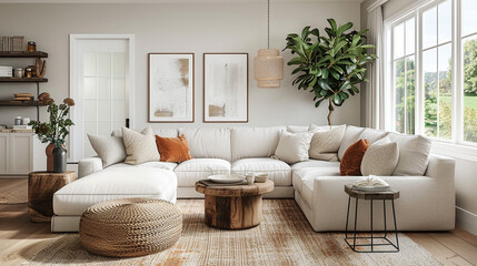 A transitional living room with a blend of earthy tones, a comfortable sectional sofa, and natural wood accents, evoking a sense of warmth and coziness.