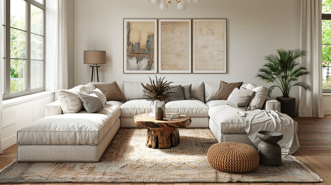 A transitional modern living room with a mix of contemporary and traditional elements, featuring a neutral color palette, a comfortable sectional sofa, and a blend of textures for added depth.