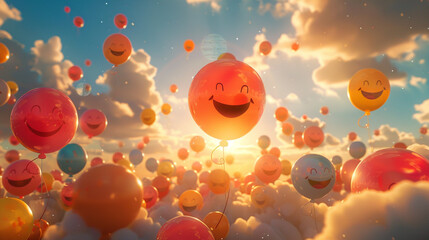 Colorful balloons floating over a cheerful city skyline with smiling sun and clouds.