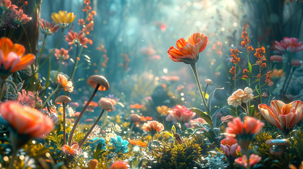 Obraz premium Whimsical fantasy creatures frolicking in a magical garden with oversized flowers and mushrooms.