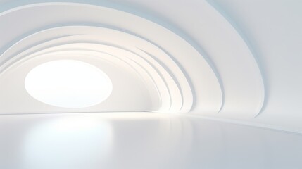 Obraz premium Abstract white room with arched ceiling and round window. Light streams through the window. Modern and minimalist design.