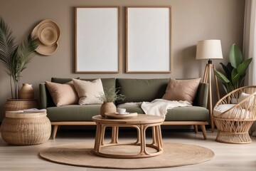 warm space with Khaki sofa, wooden side tables, rattan armchair, blank poster frames