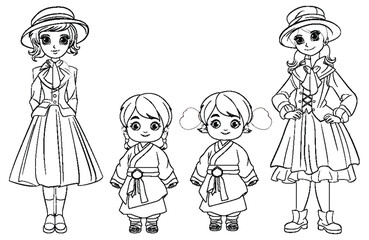 Vector illustration of girls in vintage and traditional attire