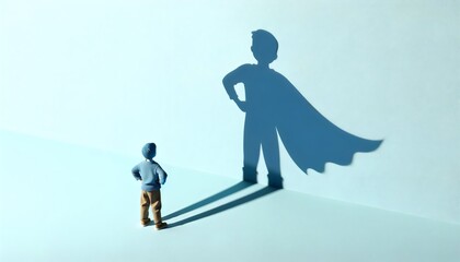 the silhouette of a small child facing the shadow of a superhero, symbolizing the potential and aspirations harbored within every young mind