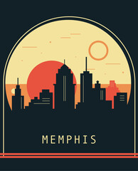 Fototapeta premium Memphis city retro style poster with skyline, cityscape. USA Tennessee state vintage vector illustration. US front cover, brochure, flyer, leaflet template, layout image