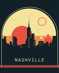 Nashville city retro style poster with skyline, cityscape. USA Tennessee state vintage vector illustration. US front cover, brochure, flyer, leaflet template, layout image