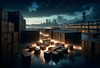 A large amazon warehouse or storage facility with rows of wooden crates or boxes stacked high,...