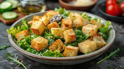 A plate of Caesar salad with anchovies and croutons.