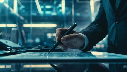 Close-up of businessman's hand signing contract with pen at desk in modern office.