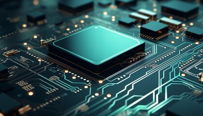 Obraz premium Close-up of a futuristic microchip on a circuit board.