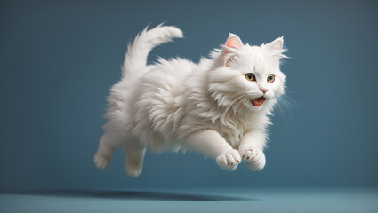 A white cat is leaping through the air