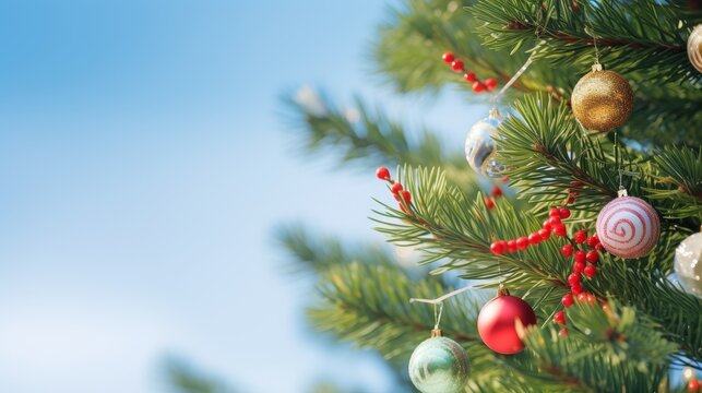 Close-up of a decorated Christmas tree with ornaments and red berries against a blue sky.