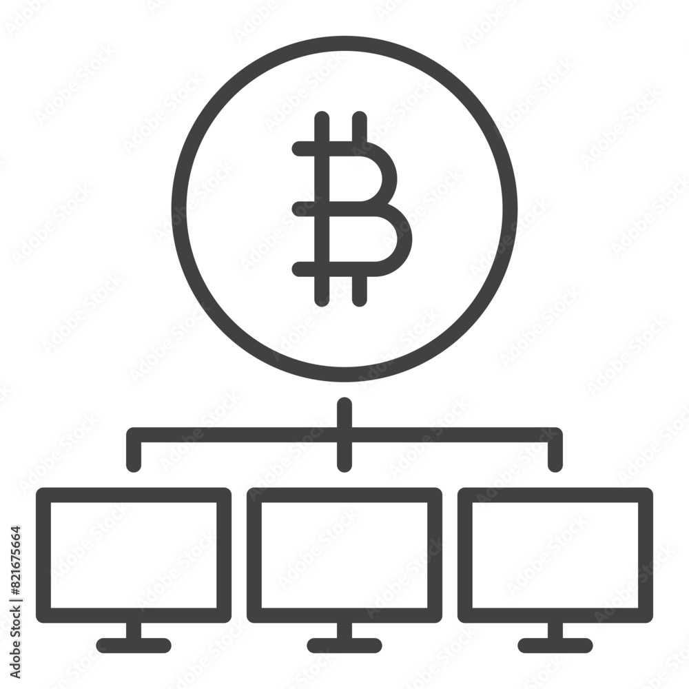 Poster bitcoin sign with computers vector decentralized cryptocurrency thin line icon or symbol