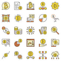 Bitcoin colored icons set. Decentralized Cryptocurrency and Blockchain concept vector signs